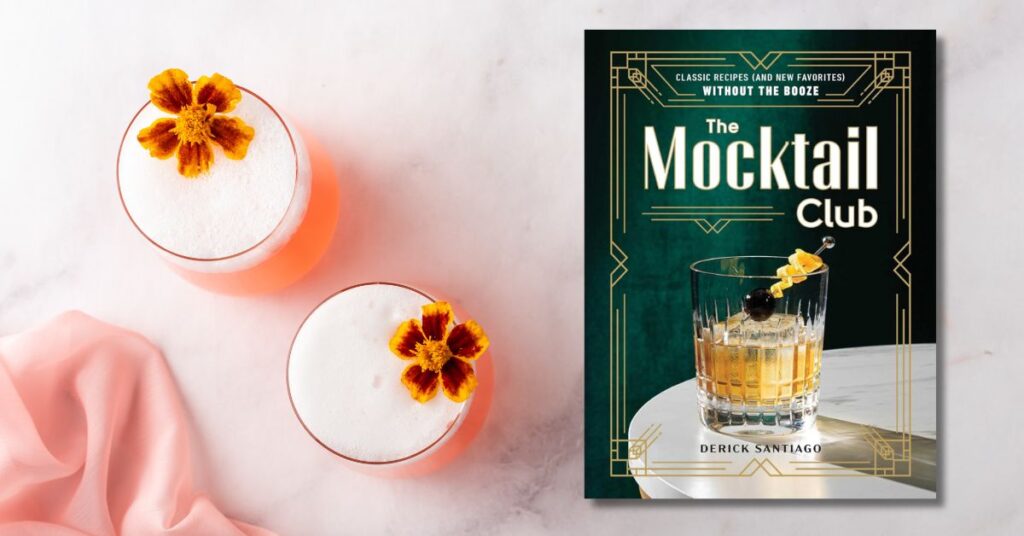 Mocktails on a counter with the Mocktail Club cookbook