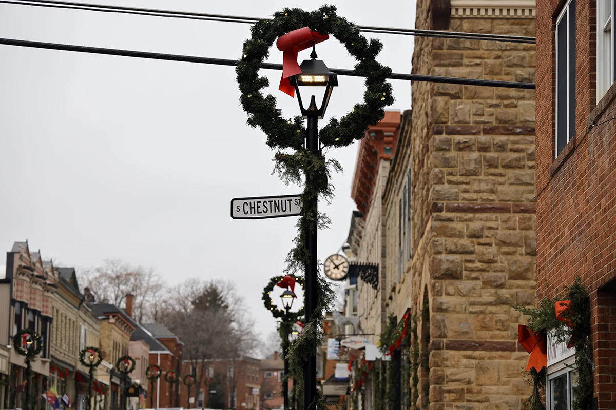 Downtown mineral point decorated for the winter holiday season